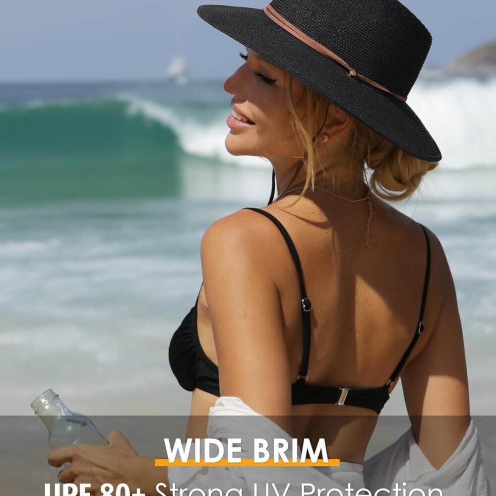 Womens Summer Straw Sun Hats Wide Brim Panama Fedora Beach Hat with Wind Lanyard - Picture 5 of 7